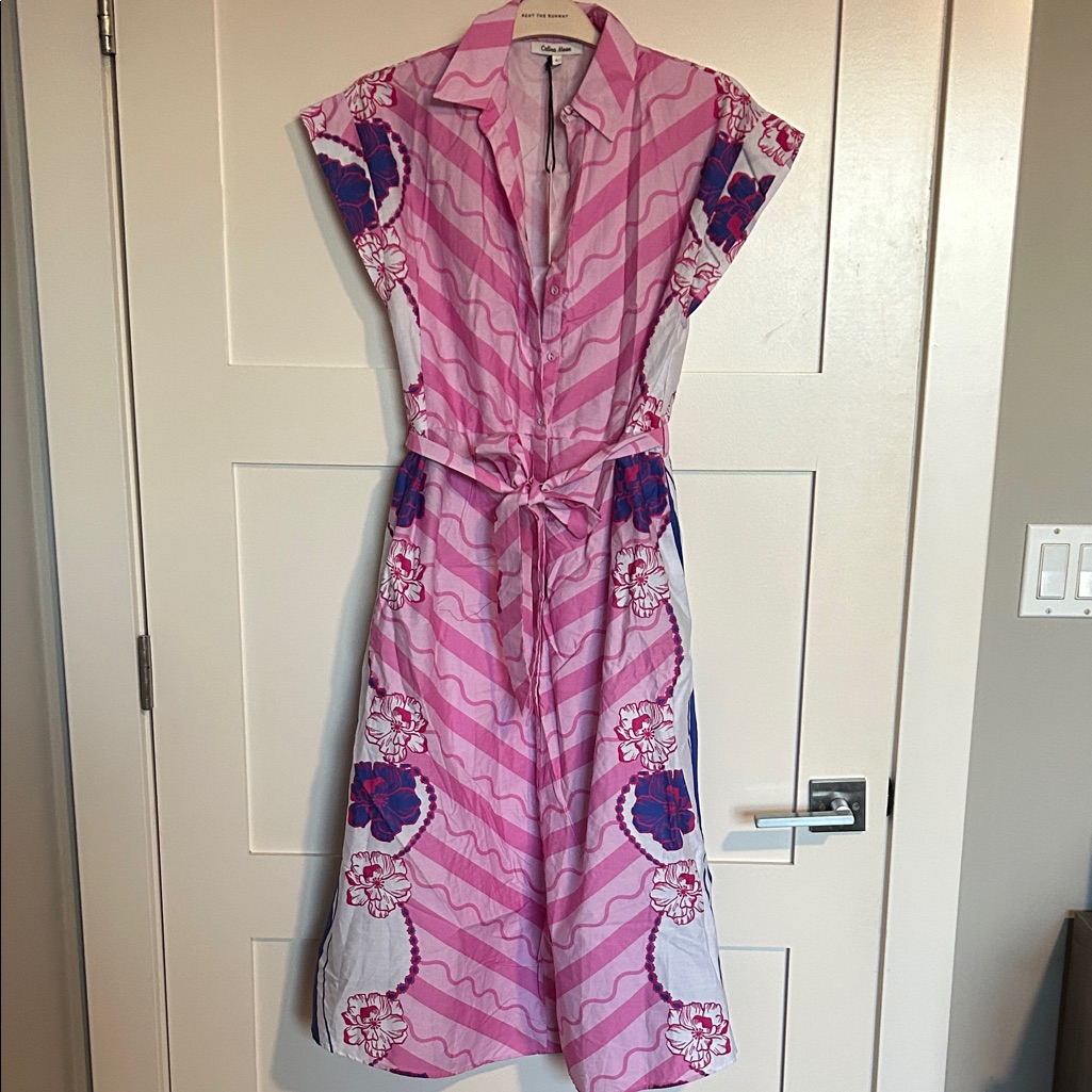 Celina Moon - Pink Purple Floral Tie-Waist Shirt Dress - Large